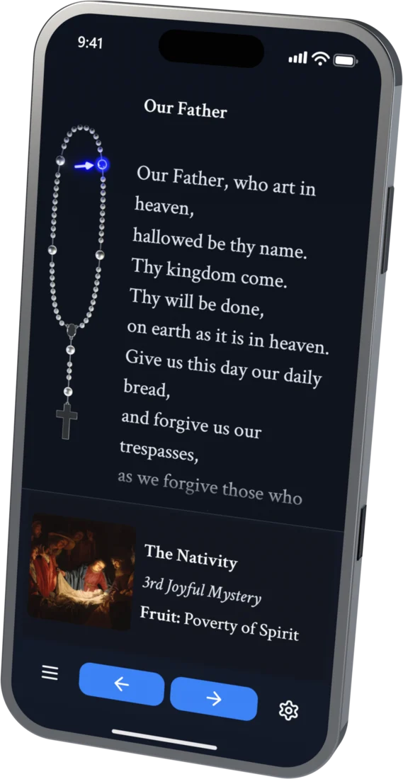 Rosary Compass on an iPhone, praying the Our Father in the 3rd Joyful Mystery, the Nativity